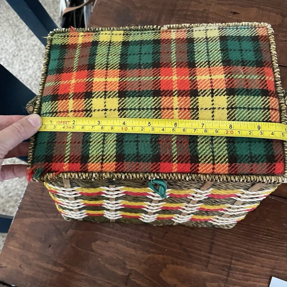 Vintage MCM Singer Sewing Basket Fabric Top Rectangle Woven Wicker Handle
